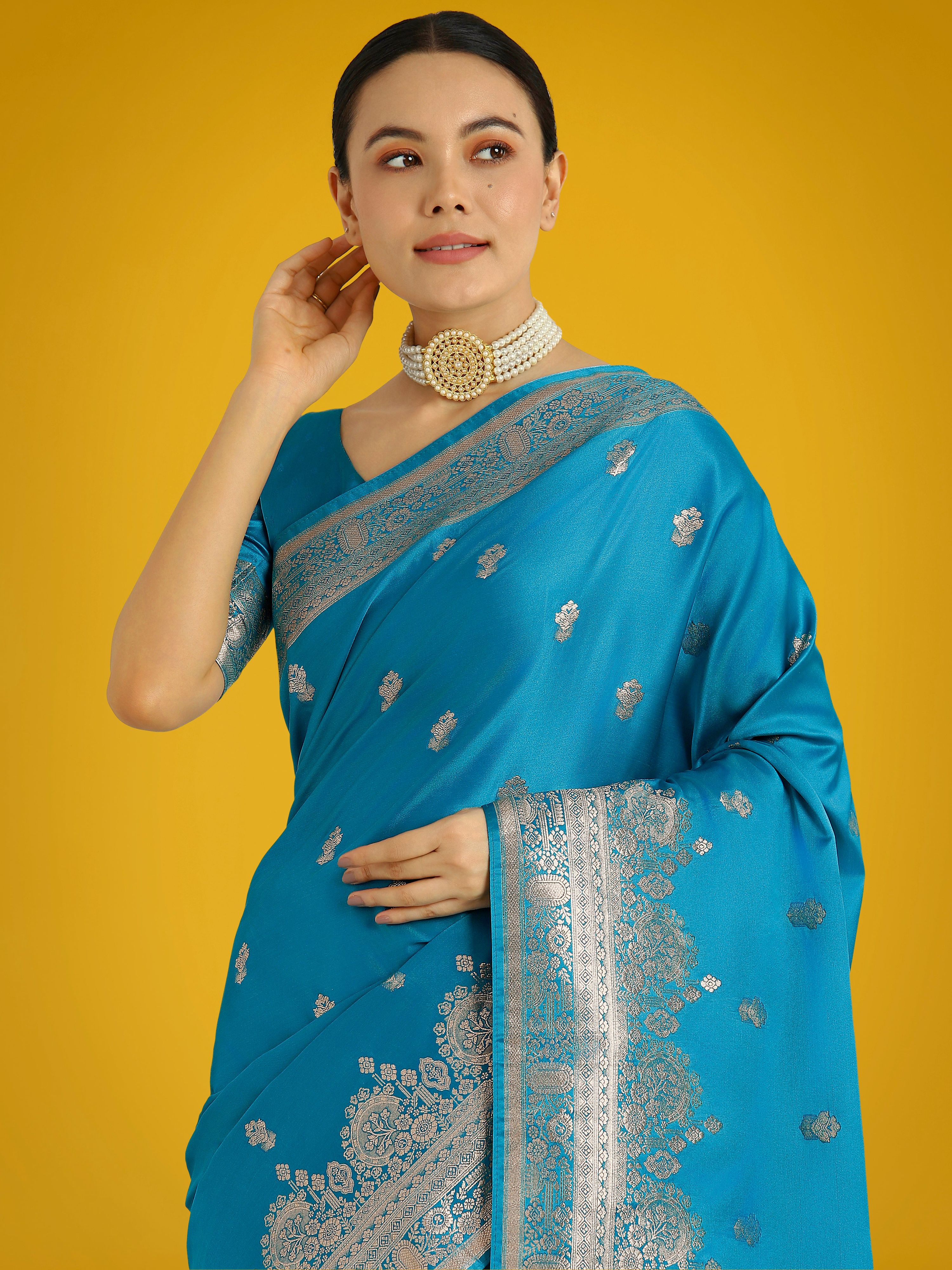 Cyan Blue Banarasi Satin Silk Saree with Gold Zari Border