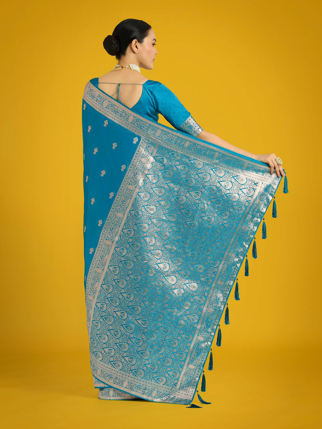 Cyan Blue Banarasi Satin Silk Saree with Gold Zari Border