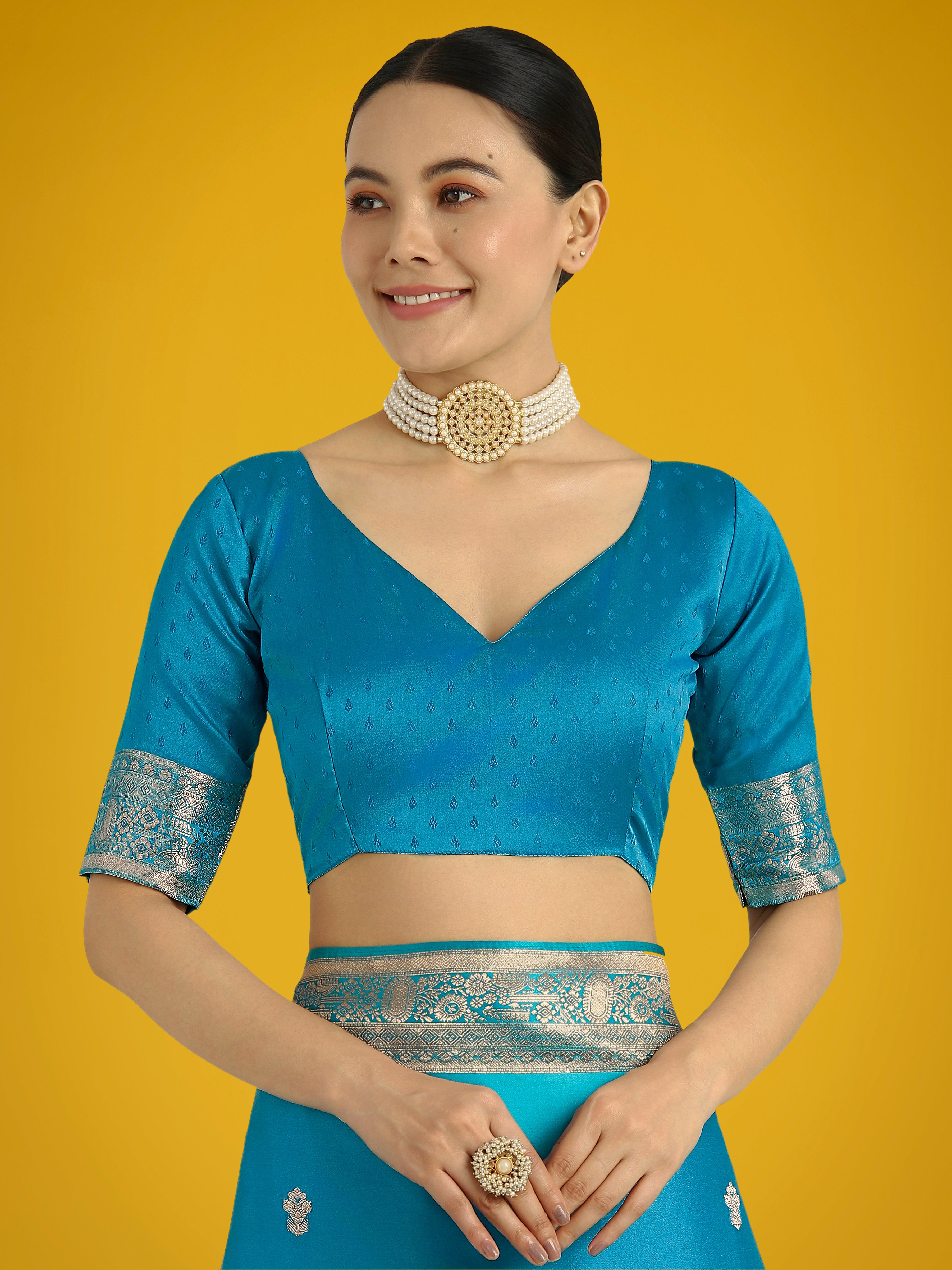 Cyan Blue Banarasi Satin Silk Saree with Gold Zari Border