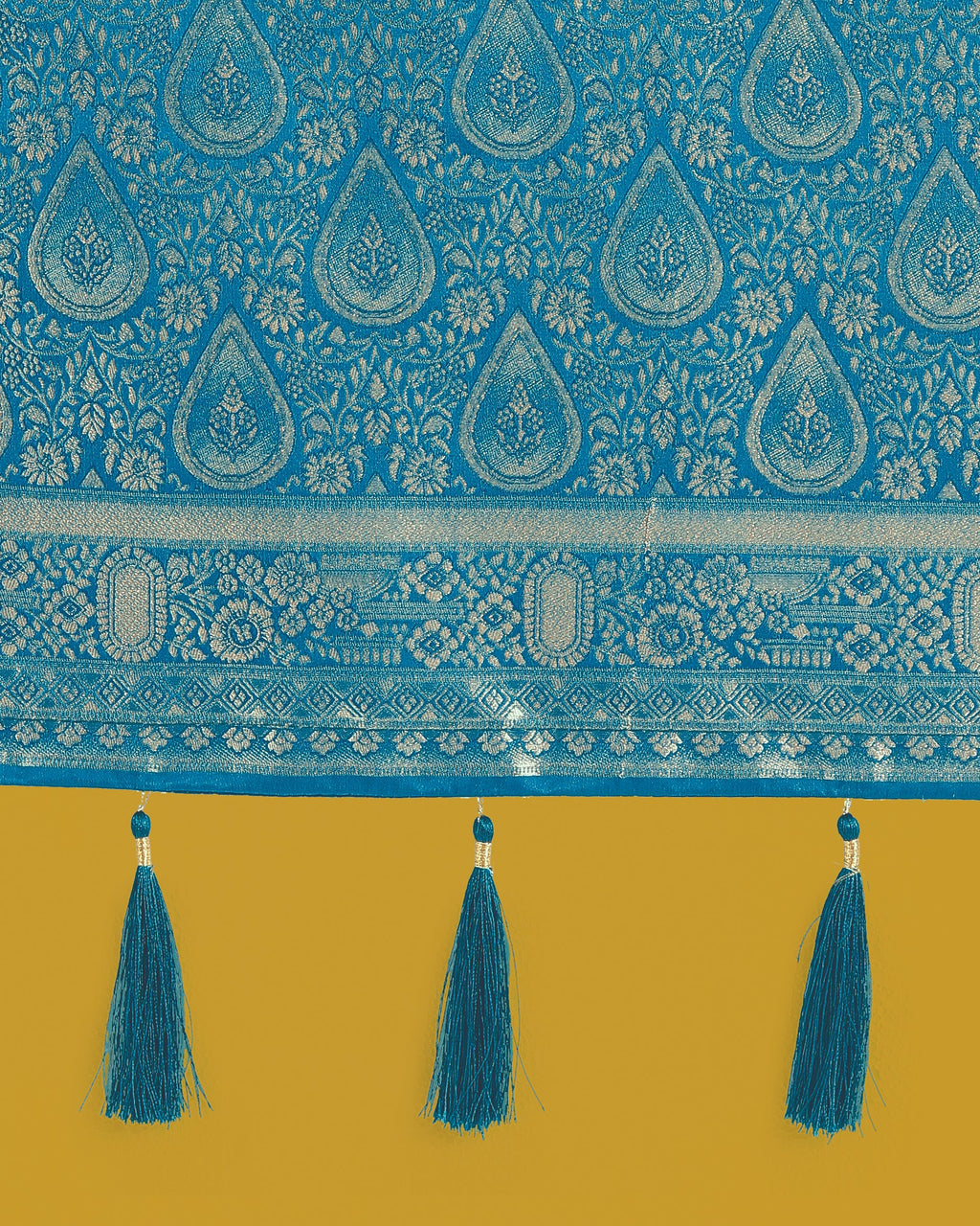 Cyan Blue Banarasi Satin Silk Saree with Gold Zari Border