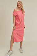 Pink cotton sleeveless midi dress with round neckline and side slit
