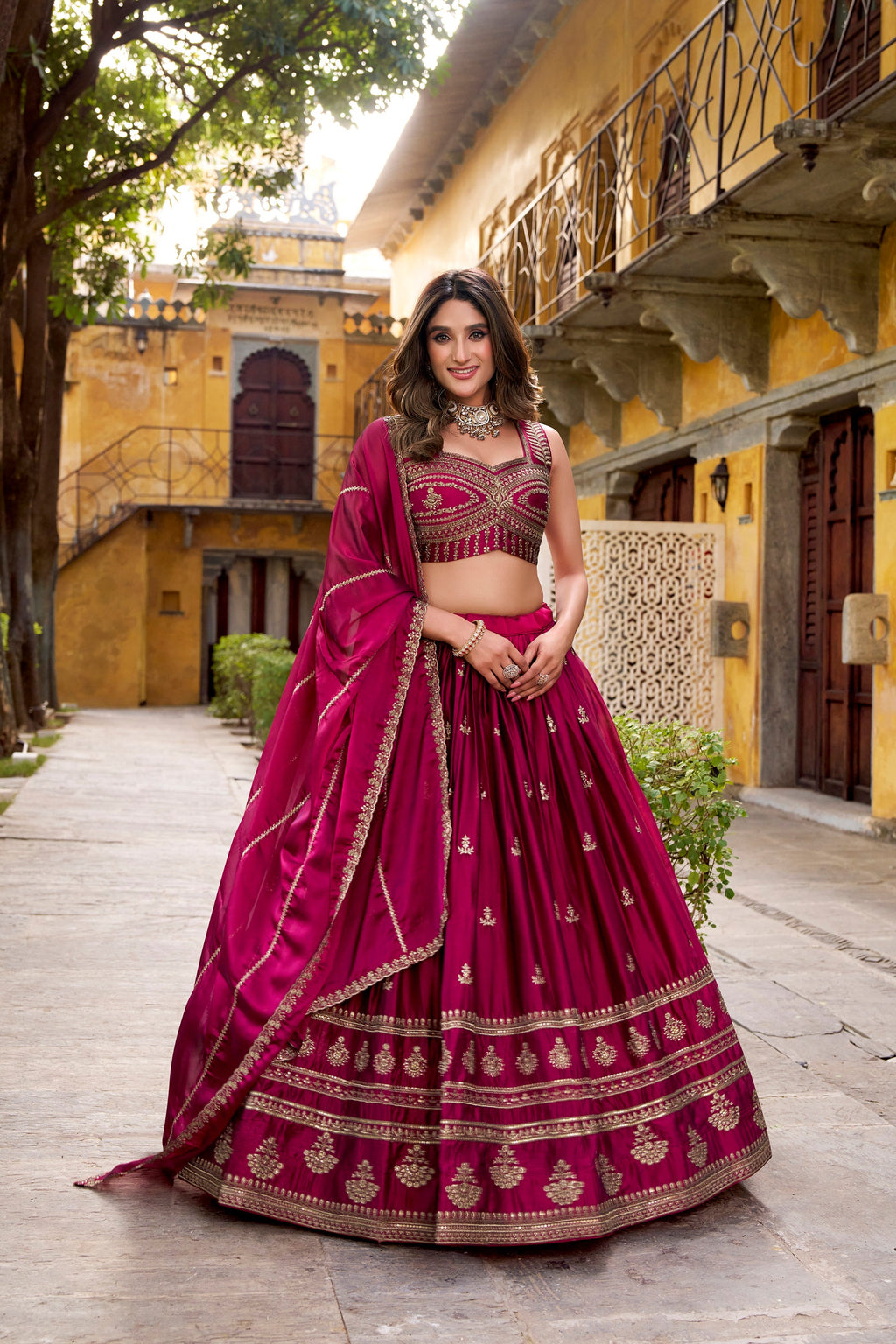 Magenta Rangoli lehenga choli set with sequins and thread embroidery