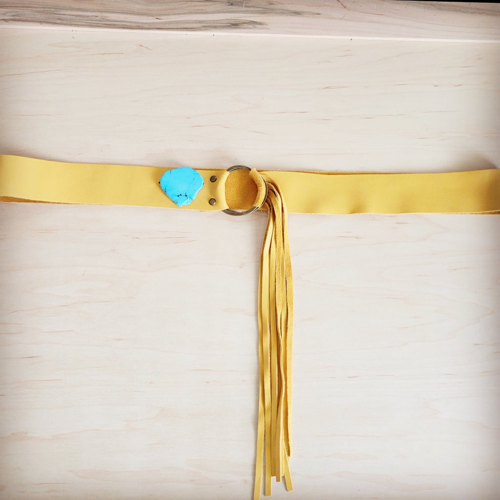 Mustard Leather Belt with Leather Fringe Closure and Turq Slab 908u
