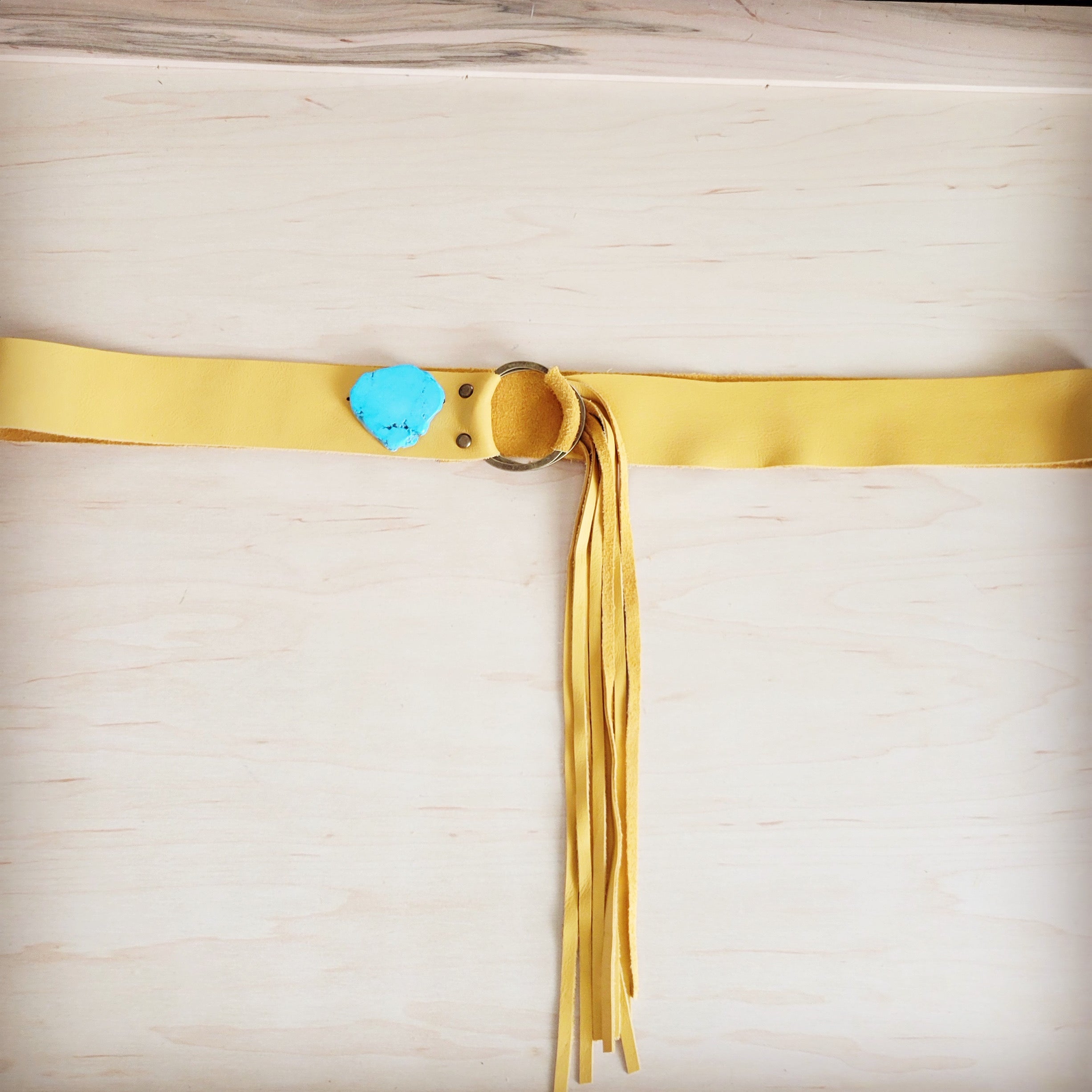 Mustard Leather Belt with Leather Fringe Closure and Turq Slab 908u