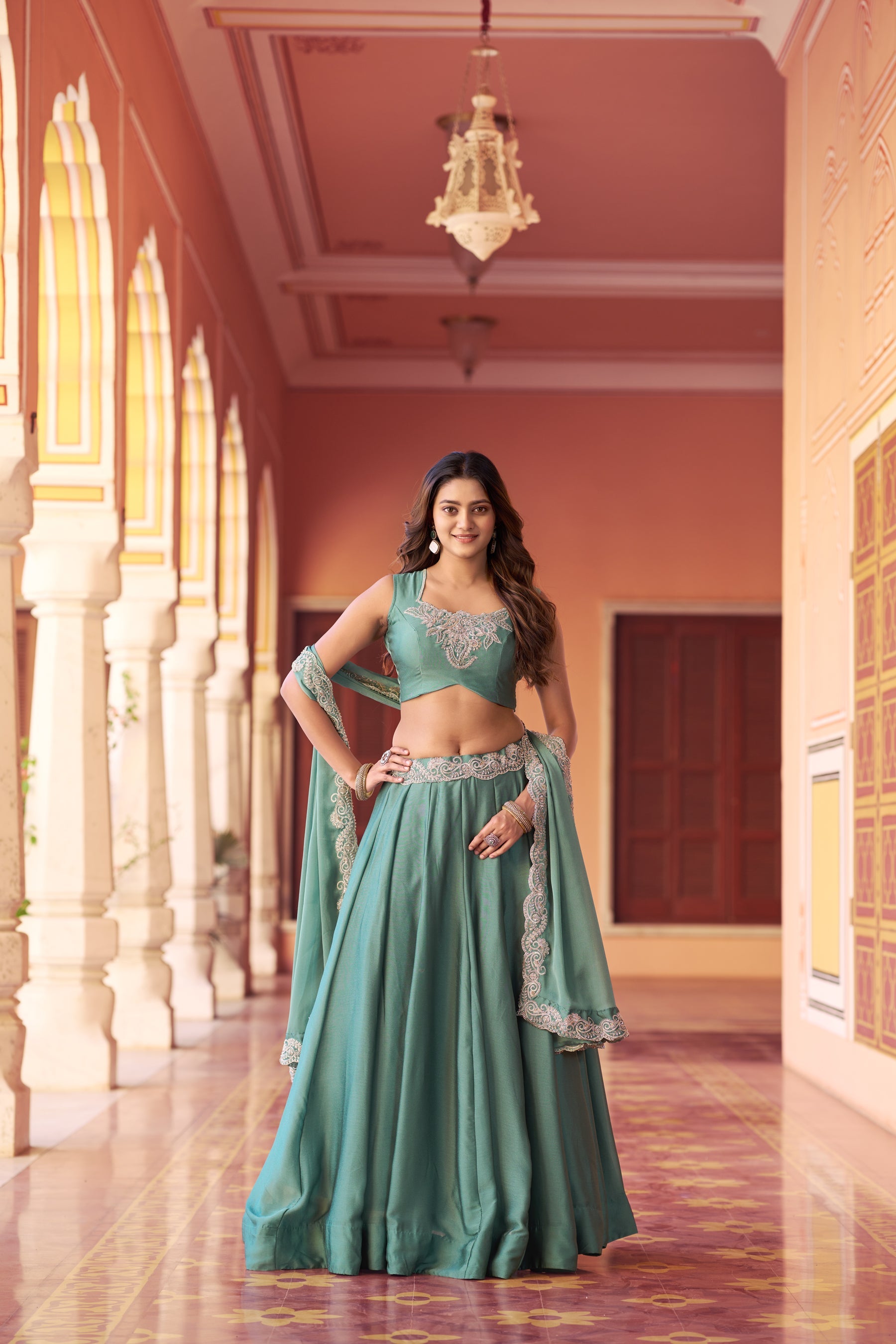 Seagreen Rangoli Silk Lehenga Choli with intricate sequence and tube bead embroidery