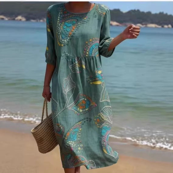 Women's 3D Floral Print Midi Dress Crew Neck Long Sleeve - Image 3