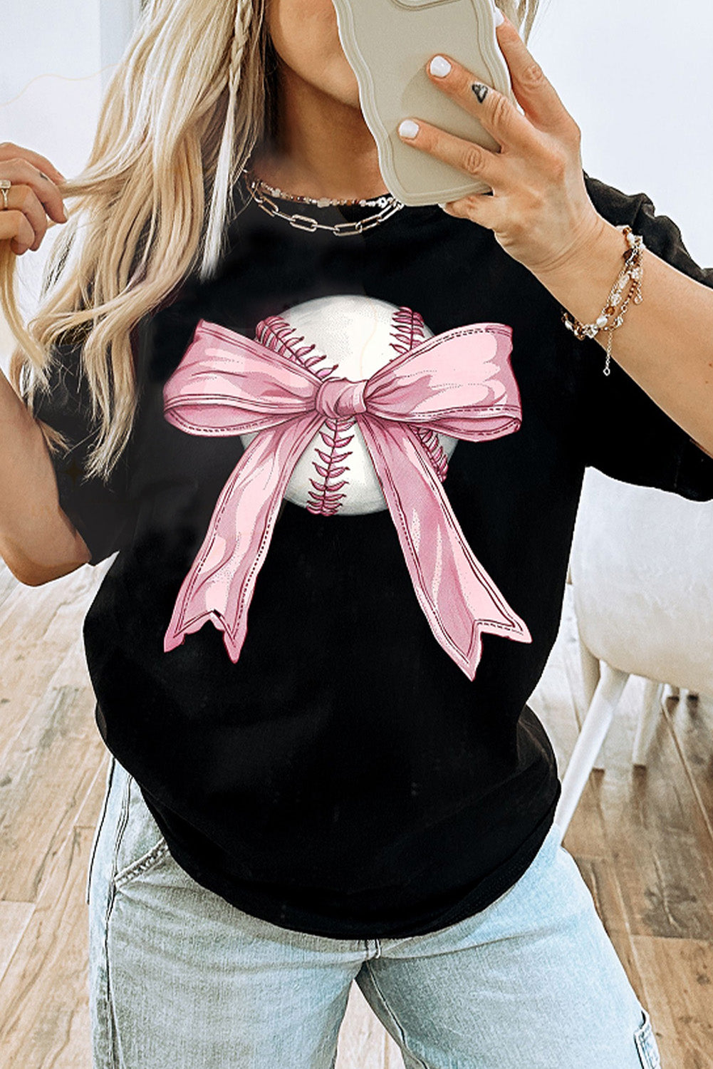 Black Baseball Bow Knot Print Round Neck T-Shirt