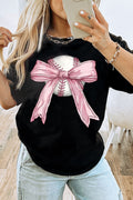 Black Baseball Bow Knot Print Round Neck T-Shirt