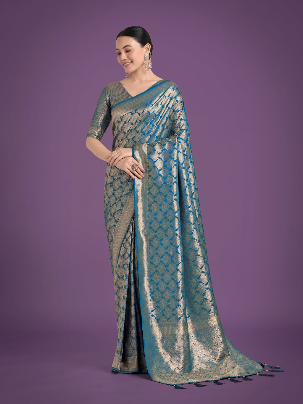 Cyan blue Banarasi satin silk saree with detailed Zari work border