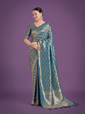 Cyan blue Banarasi satin silk saree with detailed Zari work border