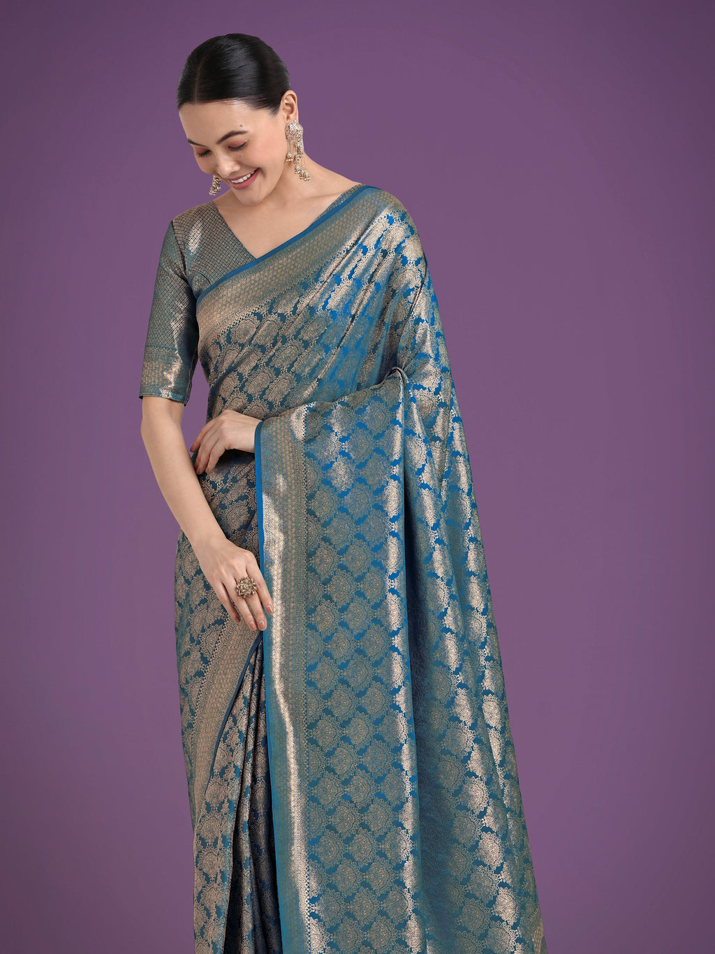 Cyan Blue Banarasi Satin Silk Saree with Zari Weaving