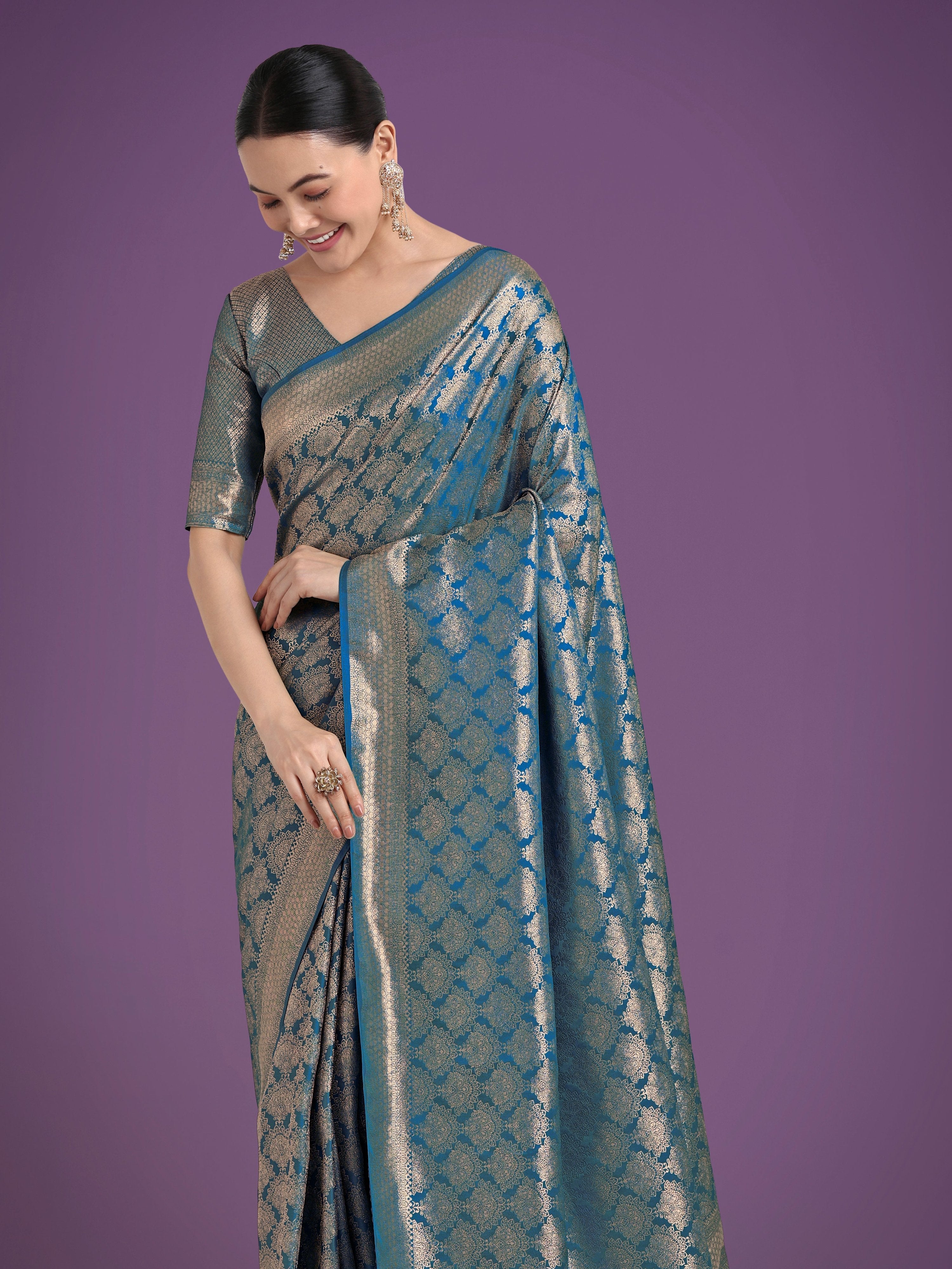 Cyan Blue Banarasi Satin Silk Saree with Zari Weaving