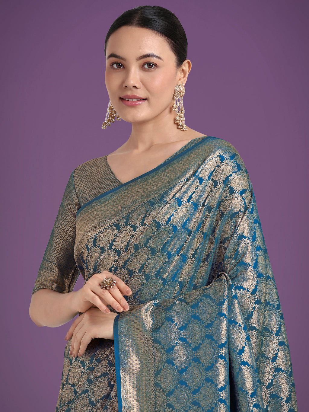 Cyan Blue Banarasi Satin Silk Saree with Zari Weaving