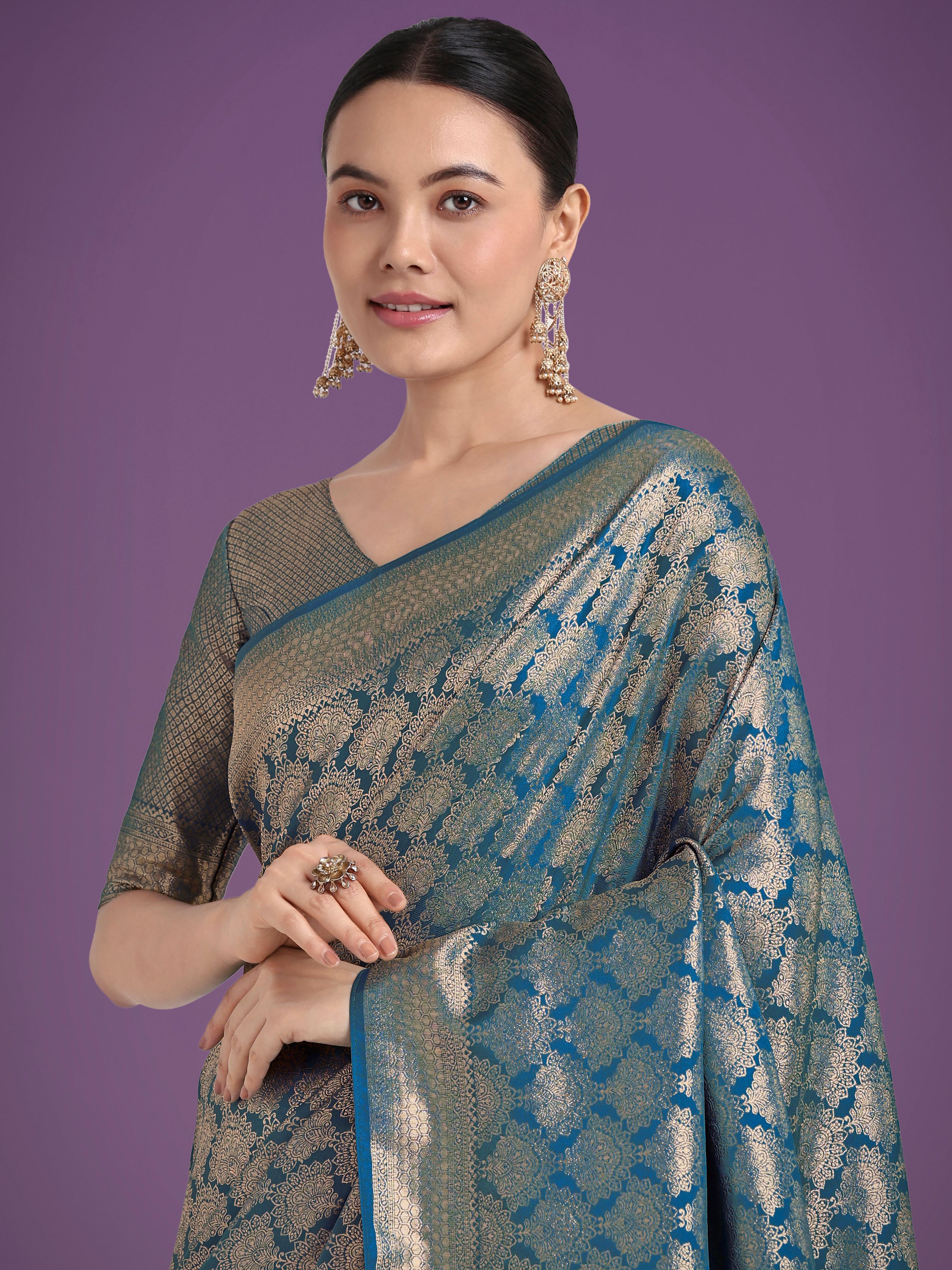 Cyan Blue Banarasi Satin Silk Saree with Zari Weaving