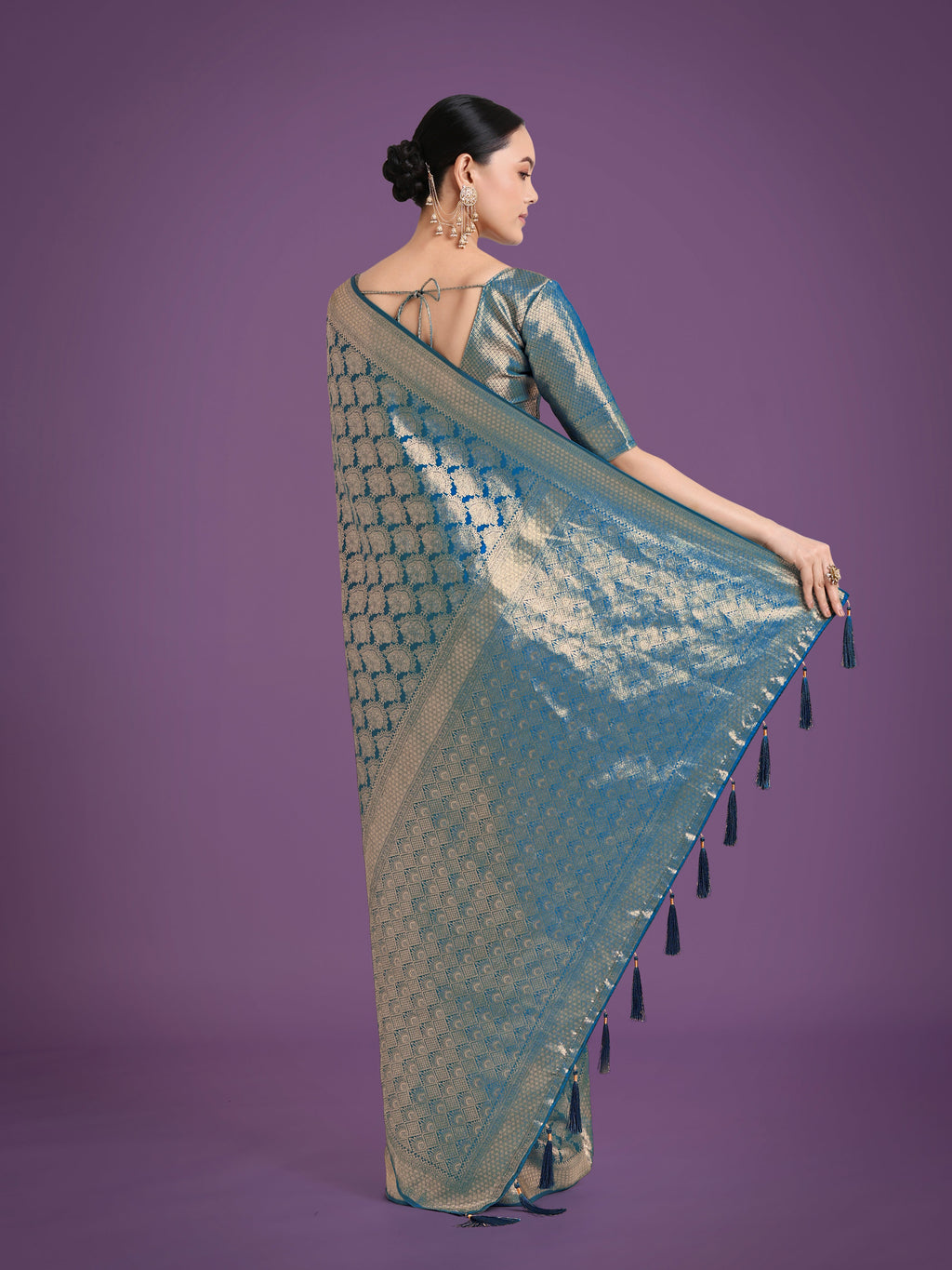 Cyan Blue Banarasi Satin Silk Saree with Zari Weaving