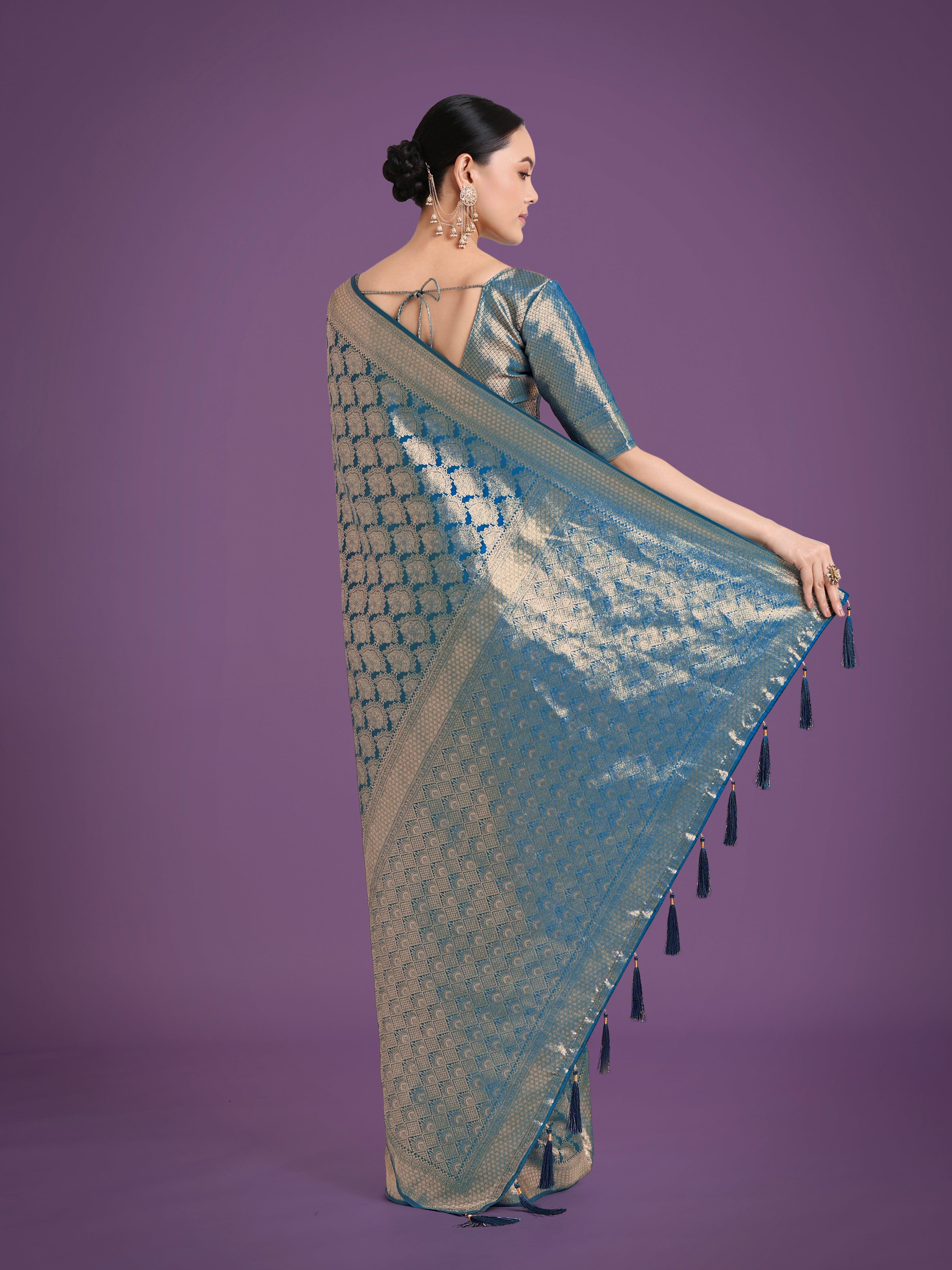 Cyan Blue Banarasi Satin Silk Saree with Zari Weaving