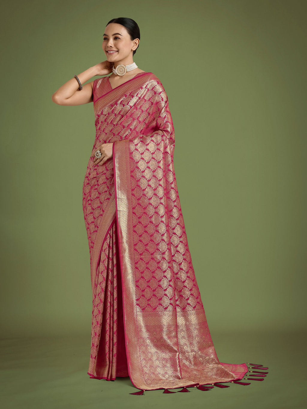 Dark Pink Banarasi Satin Silk Saree with elaborate Zari woven detailing and matching unstitched blouse