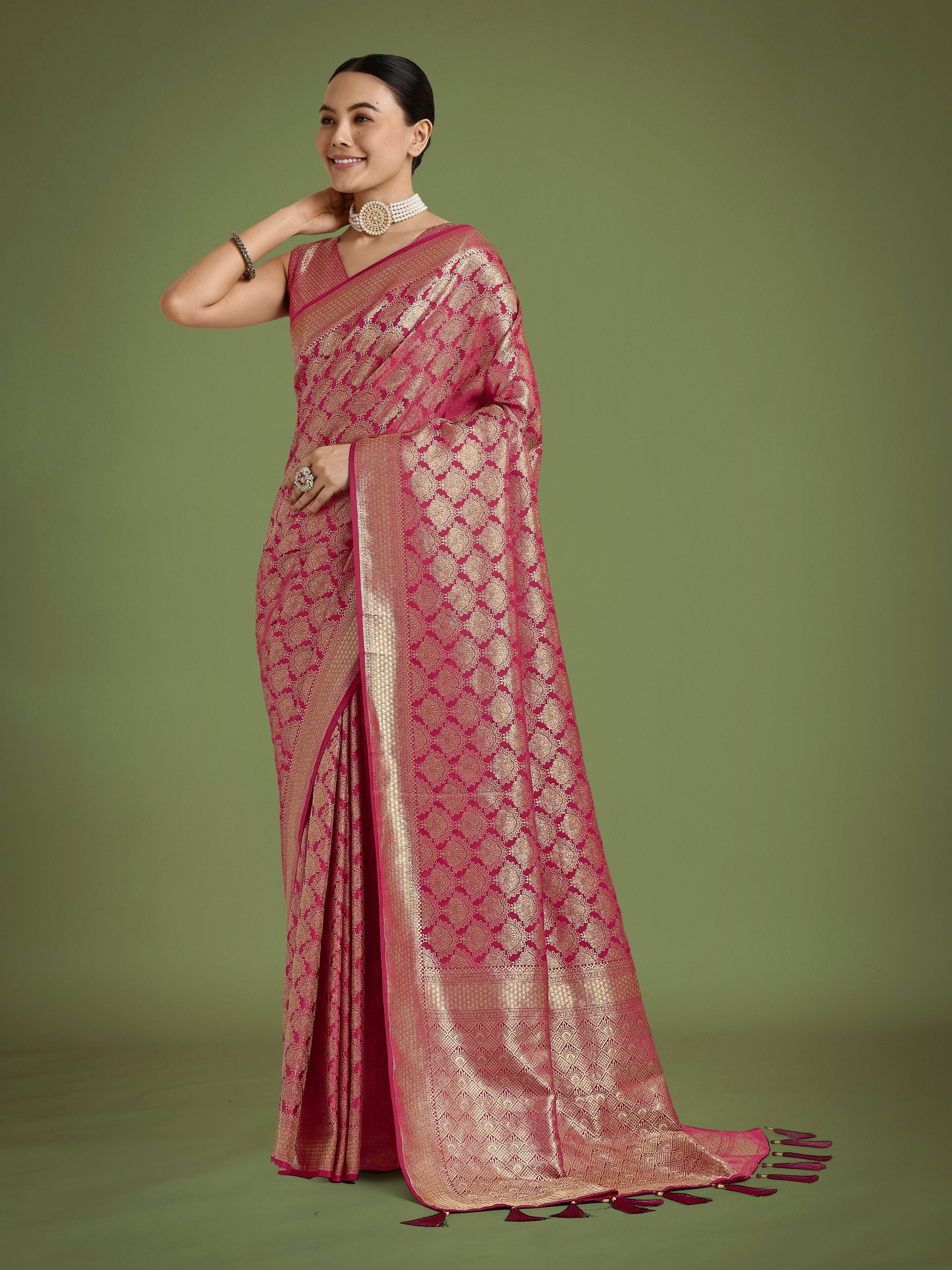Dark Pink Banarasi Satin Silk Saree with elaborate Zari woven detailing and matching unstitched blouse