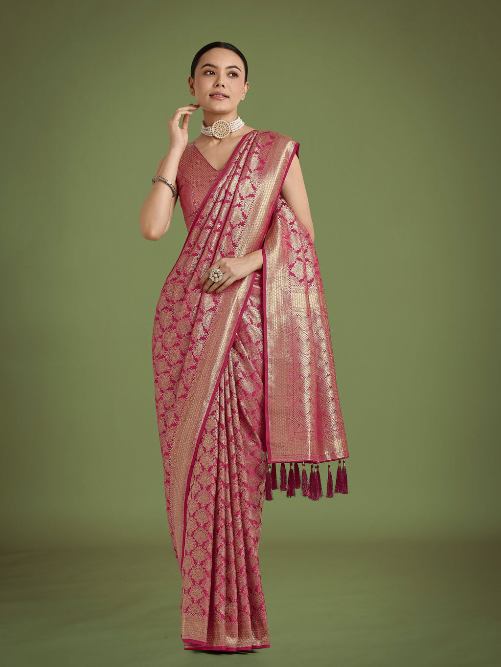 Dark Pink Banarasi Satin Silk Saree with Zari Woven Designer Work