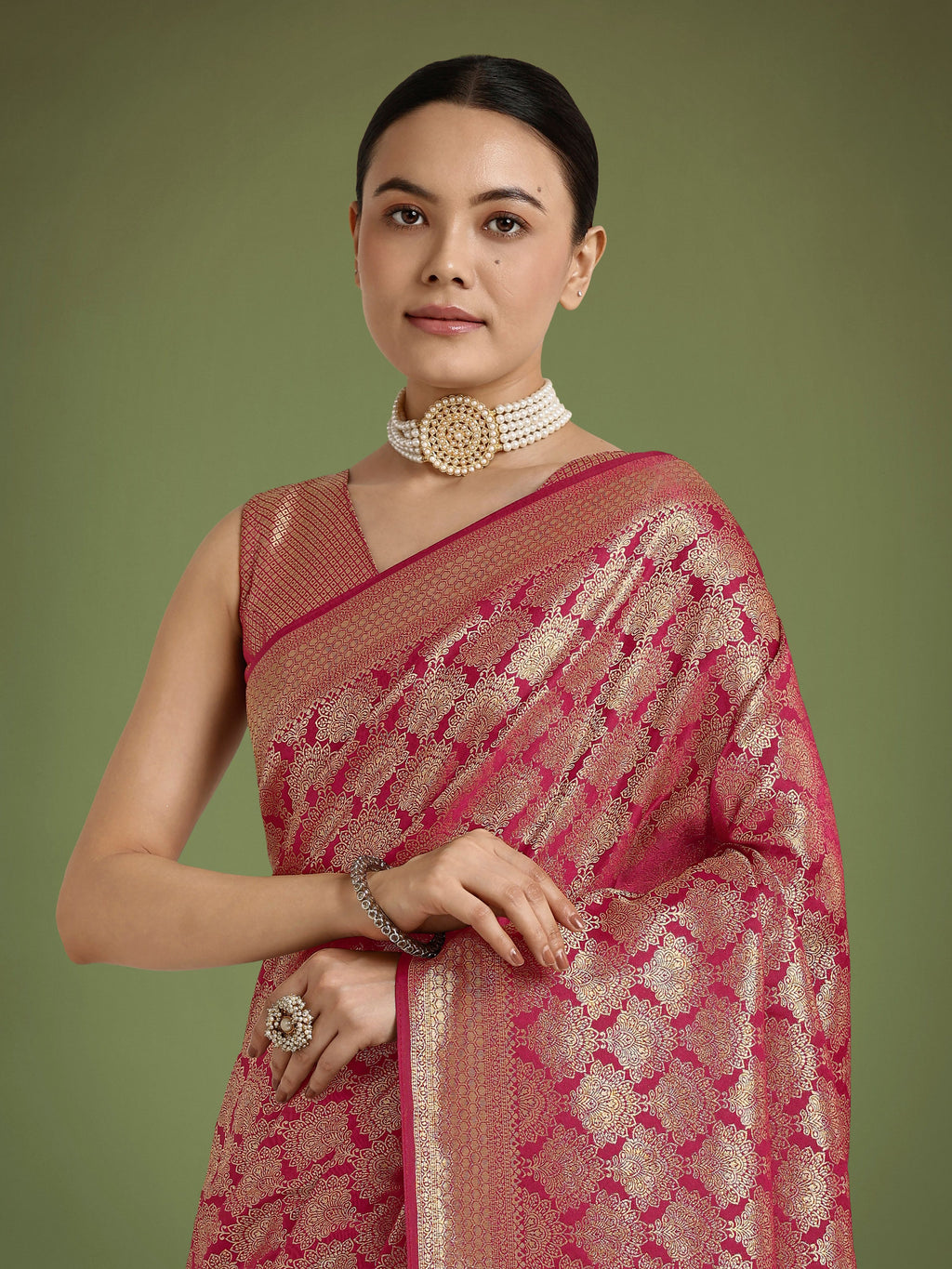 Dark Pink Banarasi Satin Silk Saree with Zari Woven Designer Work