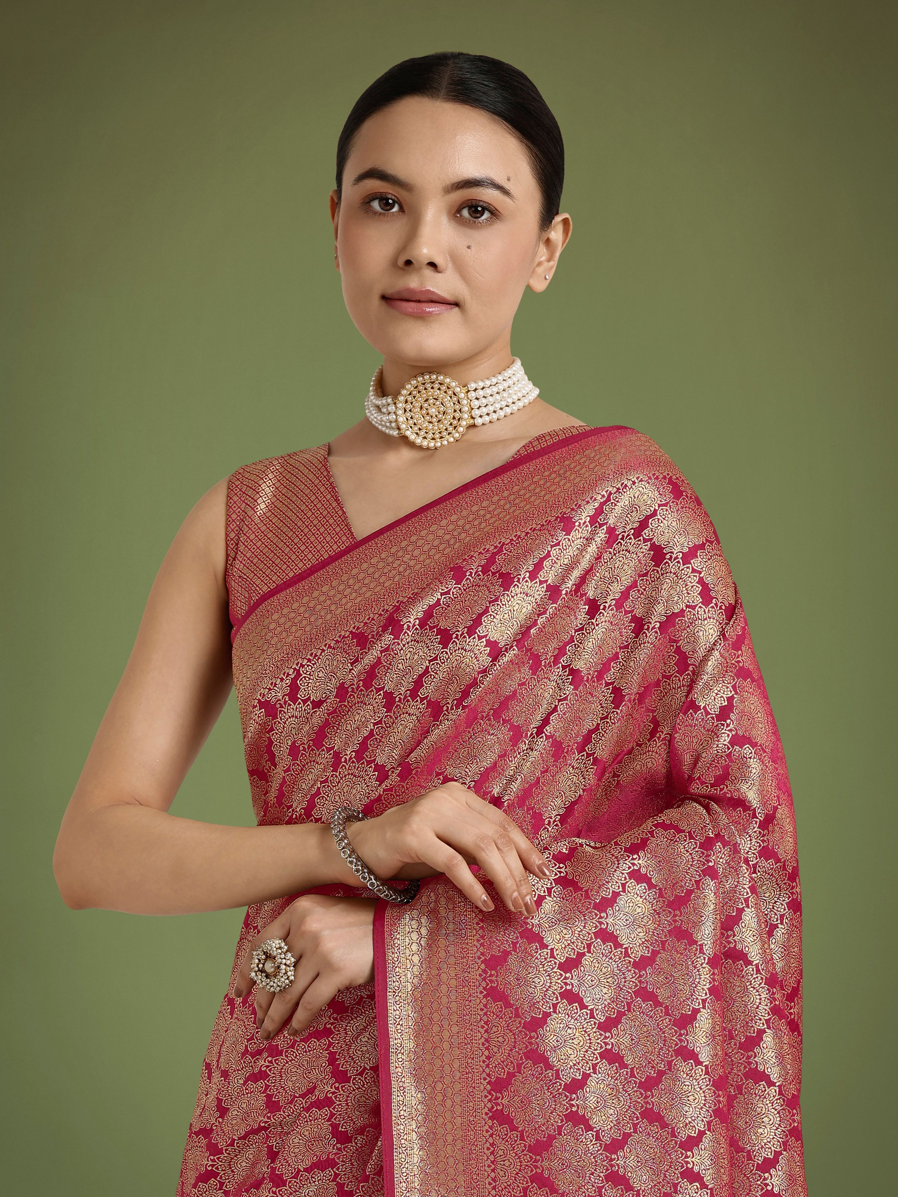 Dark Pink Banarasi Satin Silk Saree with Zari Woven Designer Work