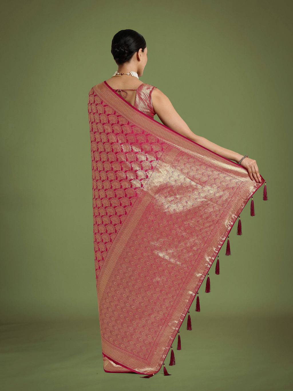 Dark Pink Banarasi Satin Silk Saree with Zari Woven Designer Work