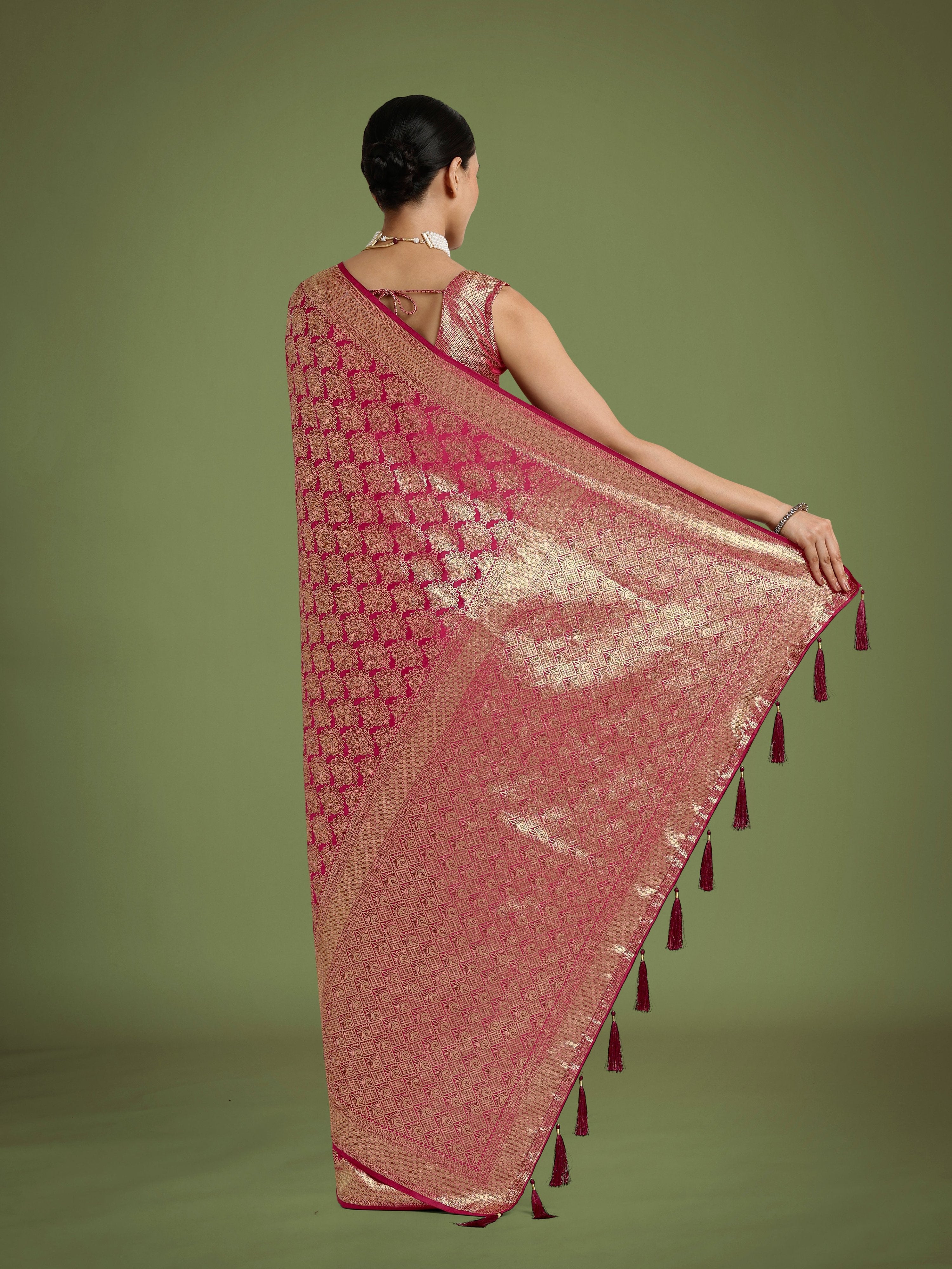 Dark Pink Banarasi Satin Silk Saree with Zari Woven Designer Work