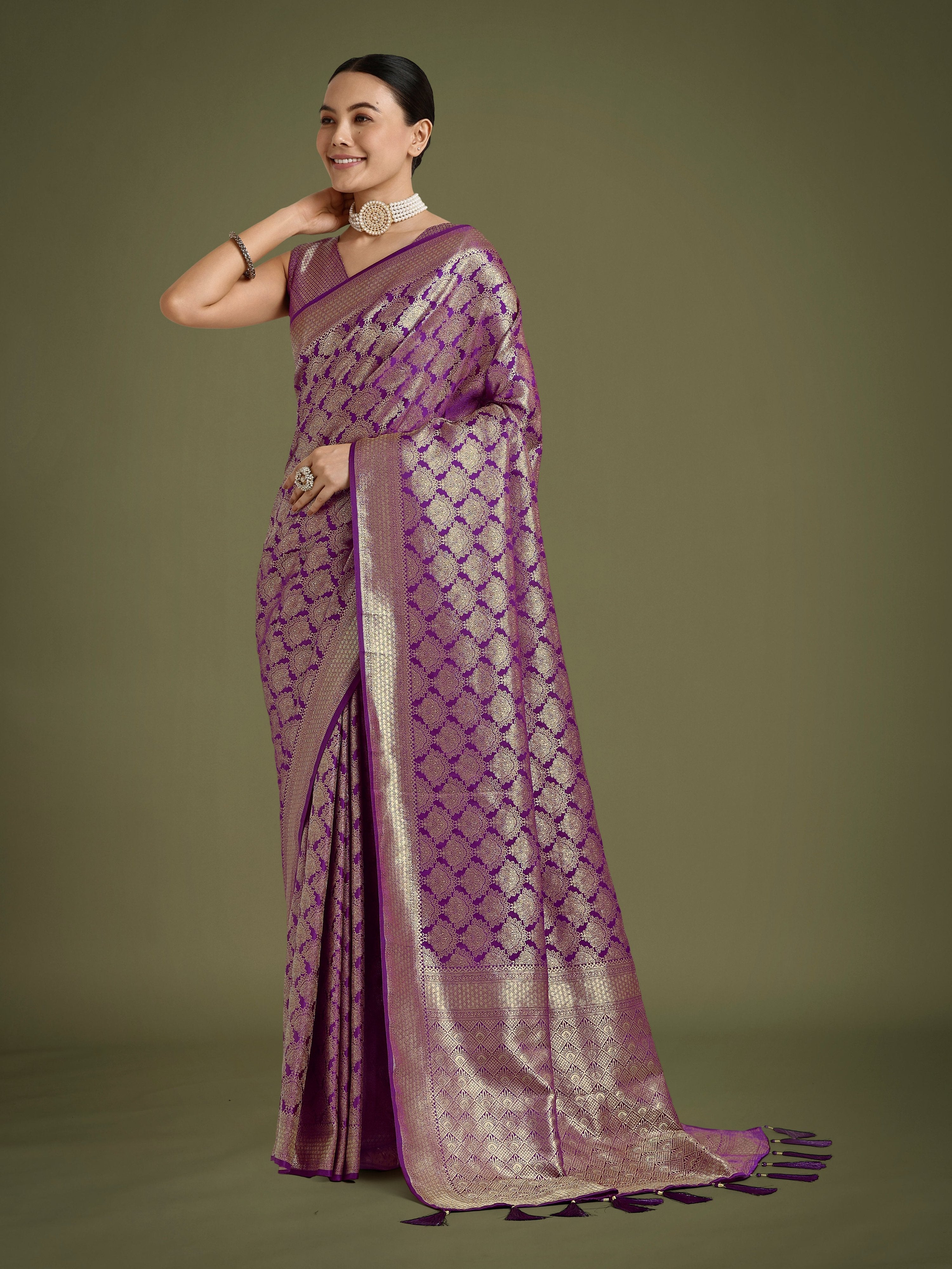 Purple Banarasi Satin Silk Saree with gold Zari weaving and unstitched blouse piece