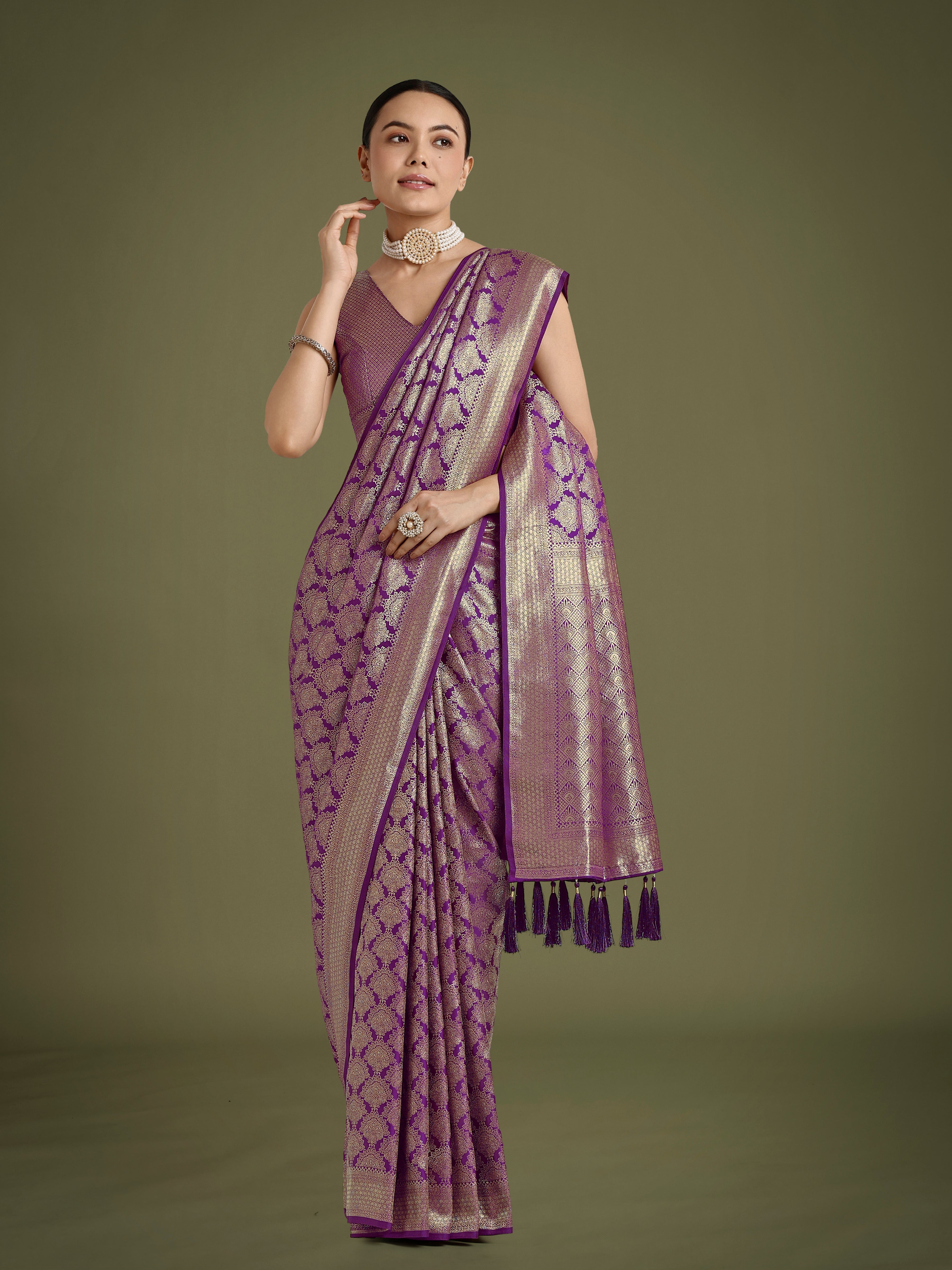 Purple Banarasi Satin Silk Saree with Zari Woven Designer Work