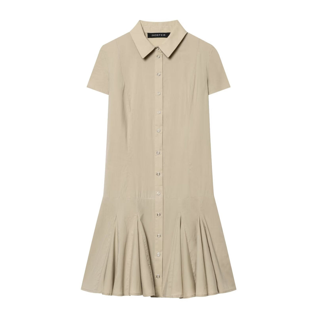 Spring Polo Collar Pleated Shirt Dress Waist Controlled Slimming Dress