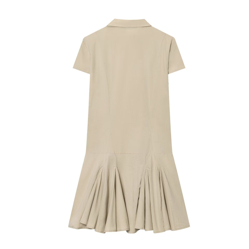 Spring Polo Collar Pleated Shirt Dress Waist Controlled Slimming Dress