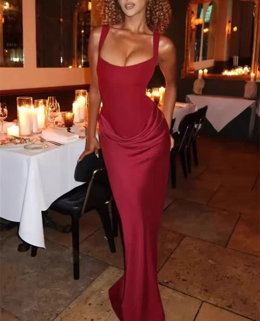 Women Clothing Summer Street Slim Fit Slimming Fitted Waist Pleated Strap Dress Women