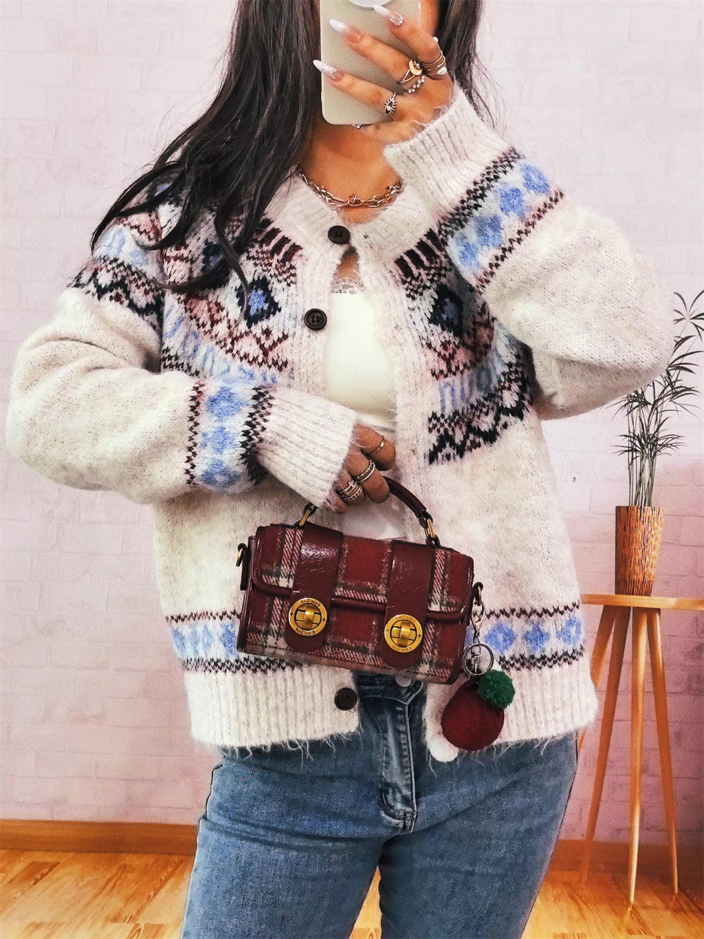 Geometric Pattern Button Up Long Sleeve Cardigan