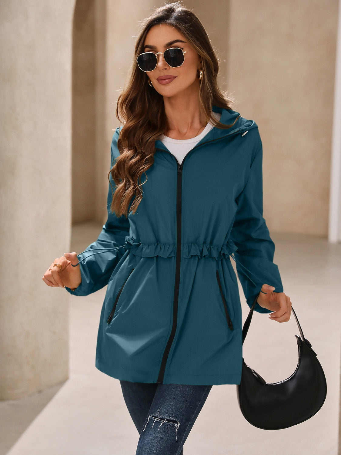 Women's Waterproof Hooded Windbreaker Jacket with Waist Detail - Image 23