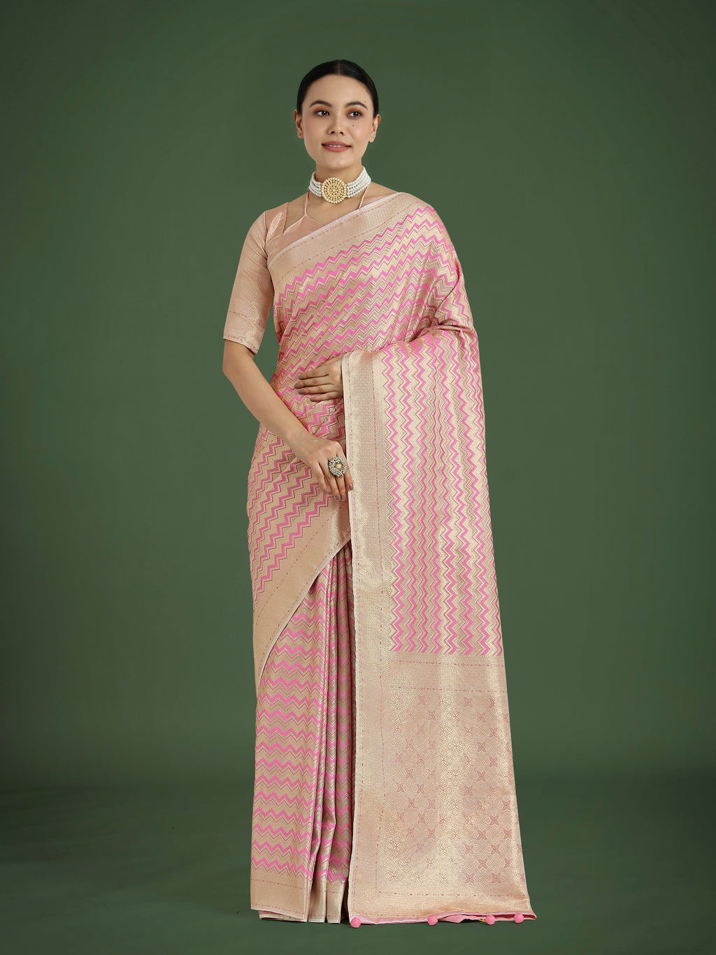 Light pink soft Banarasi satin silk saree with leheriya print and zari work