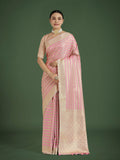 Light pink soft Banarasi satin silk saree with leheriya print and zari work