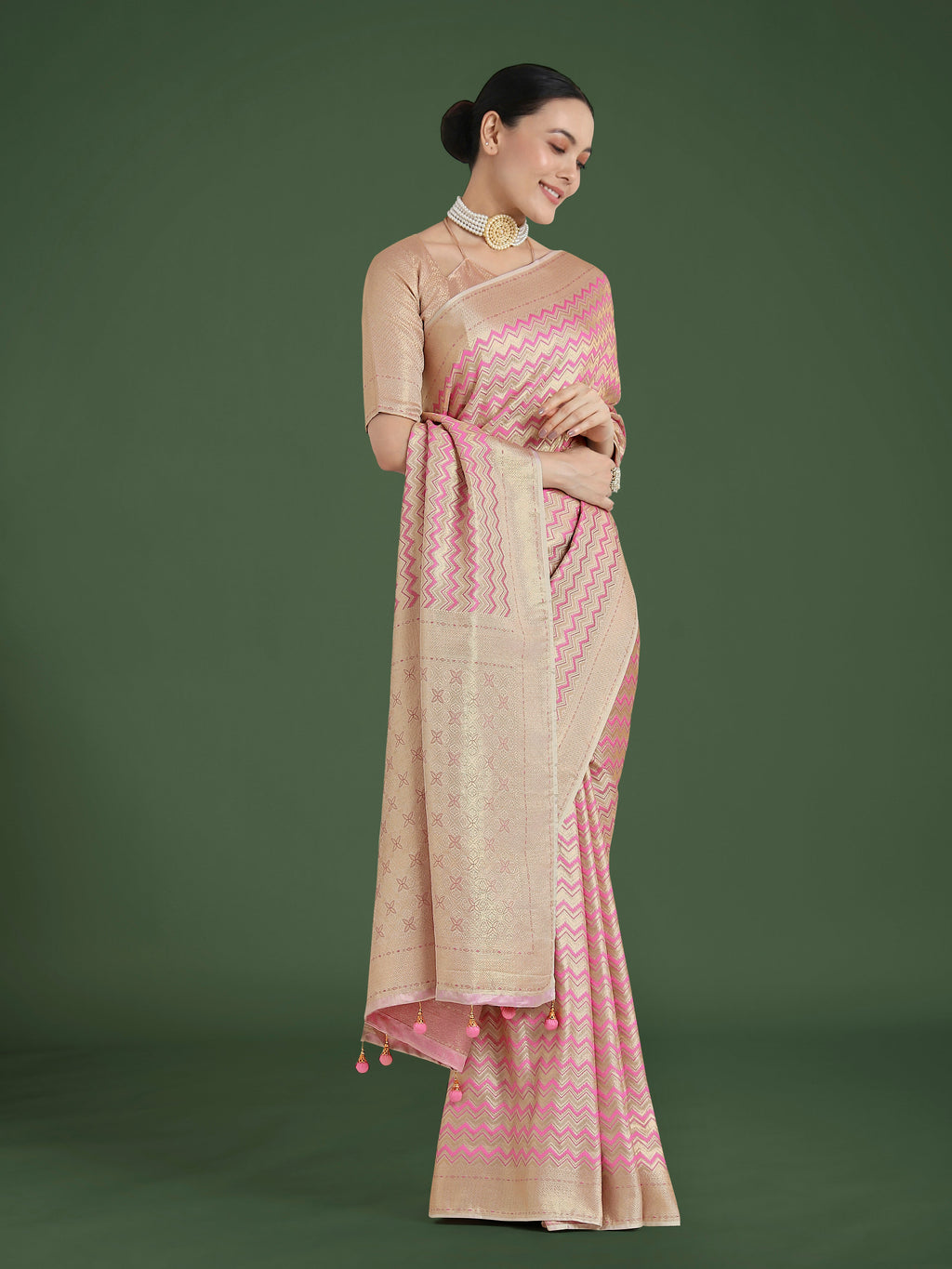 Light Pink Soft Banarasi Satin Silk Leheriya Saree
