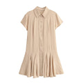 Women Clothing Summer Retro All Match Waist Shirt Pleated Short Office Dress