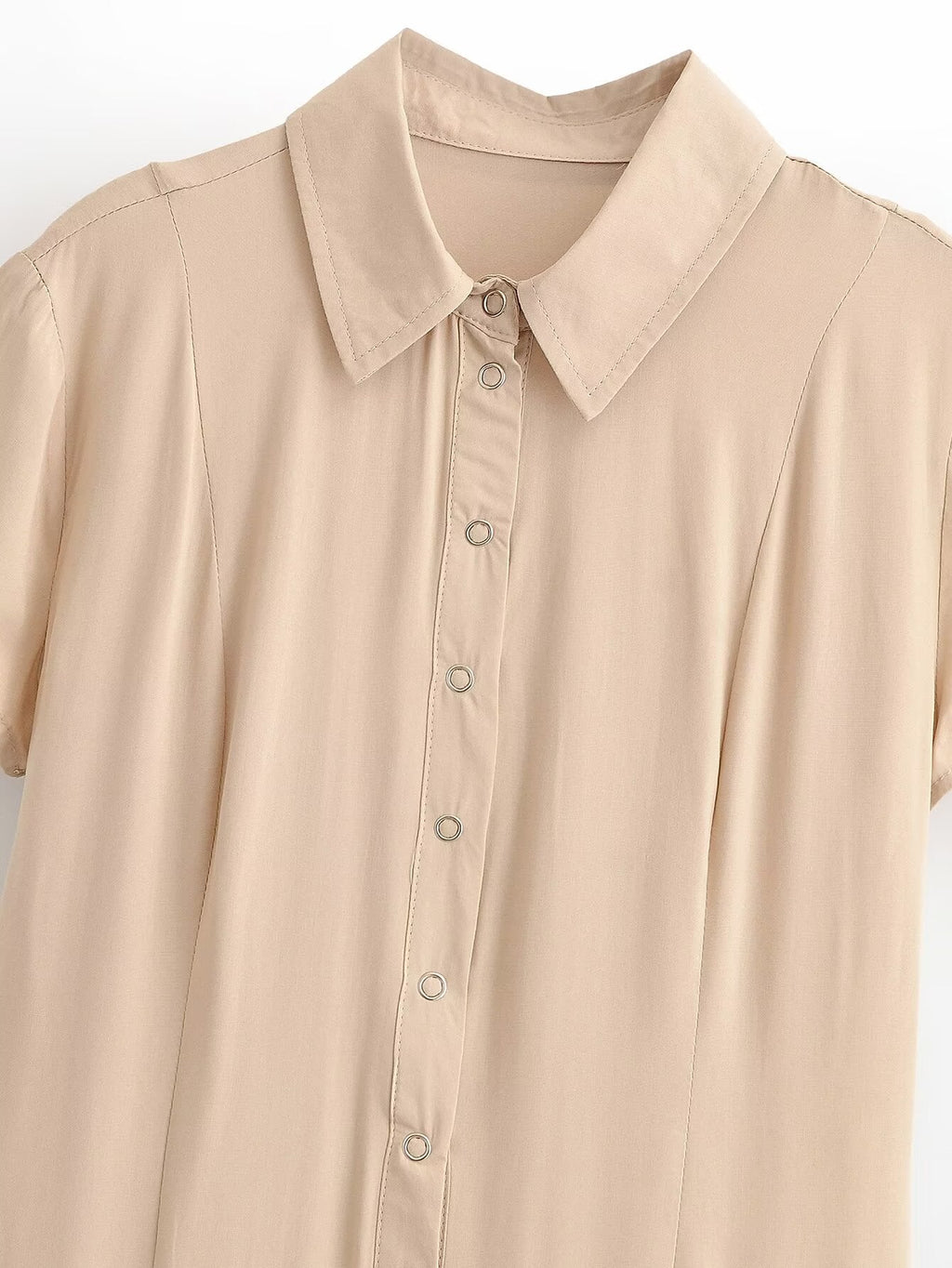 Women Clothing Summer Retro All Match Waist Shirt Pleated Short Office Dress