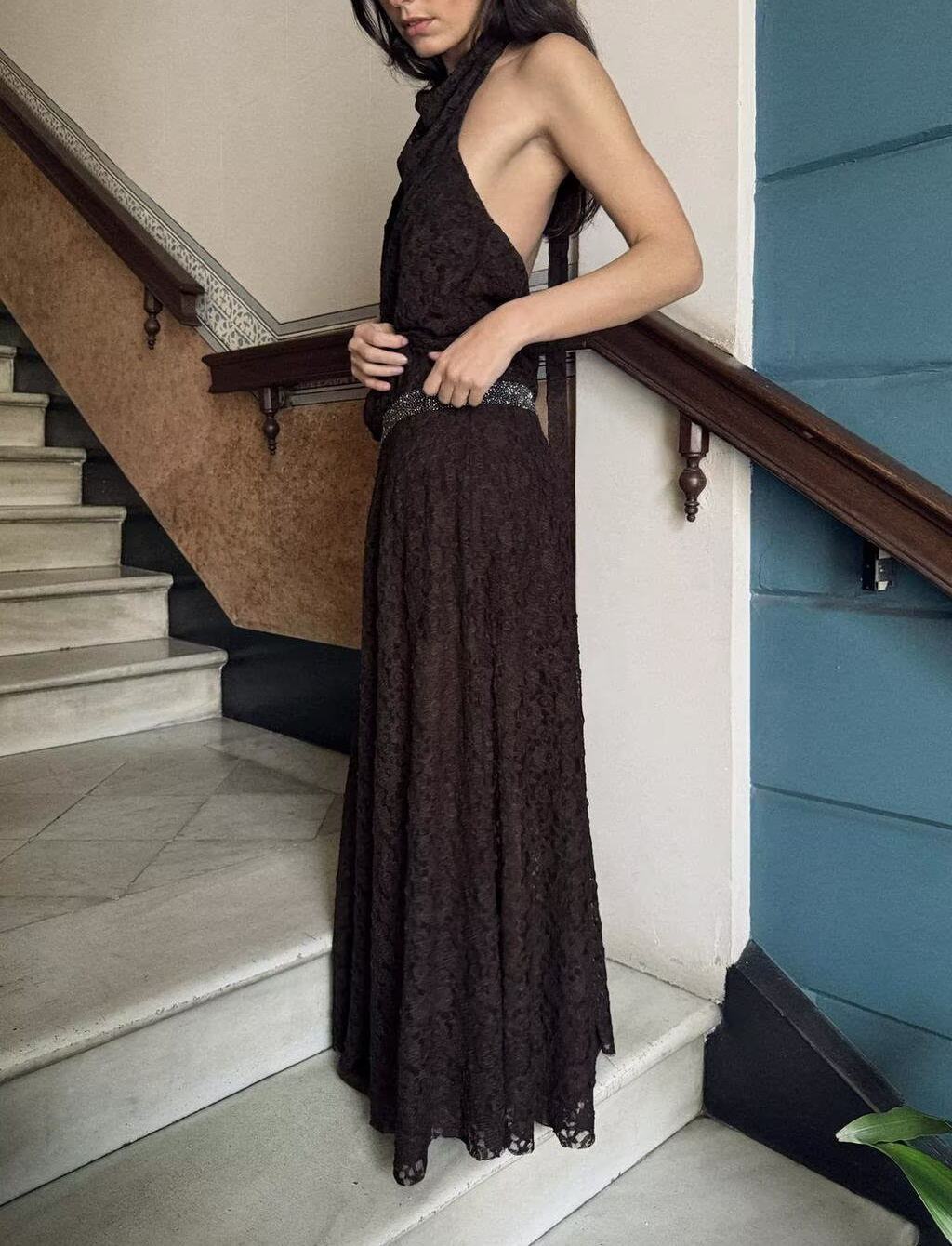 Spring French Halter Jacquard Sleeveless off Shoulder High Grade Waist Dress