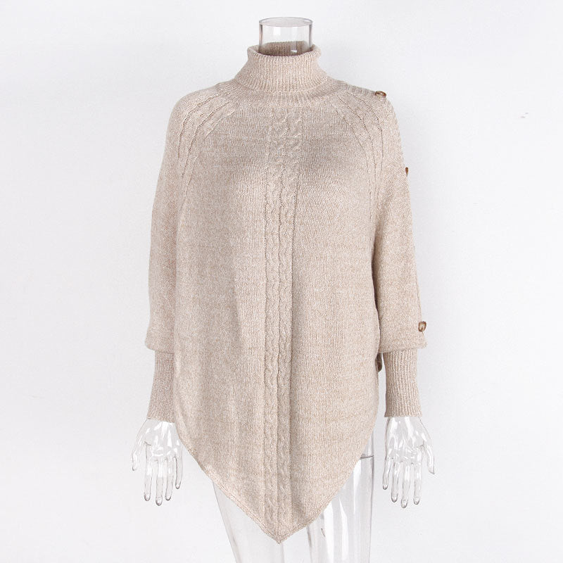 Women's Button Detail Turtleneck Sweater with Asymmetric Hem - Image 9