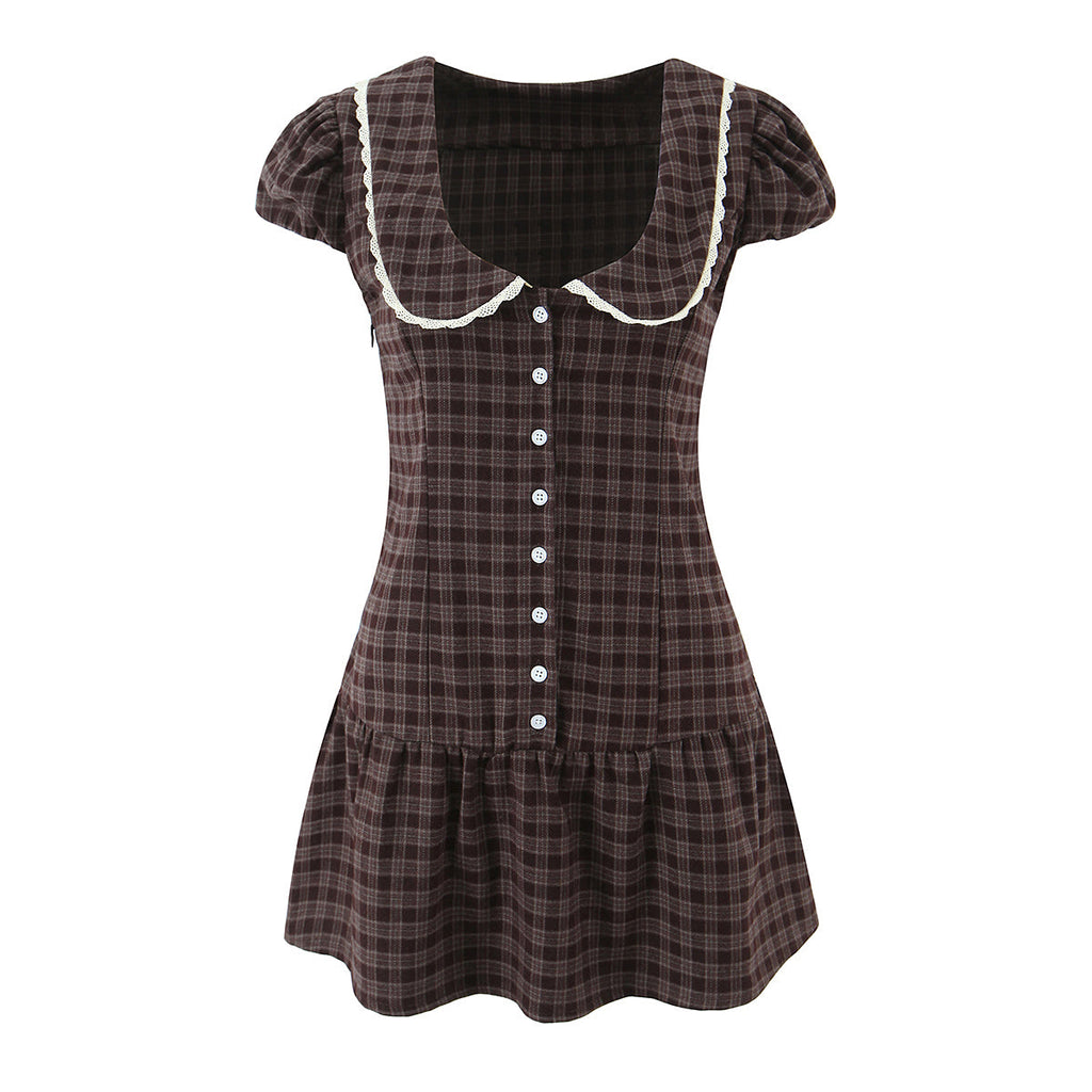 Preppy Sexy Wear Doll Collar High Grade Plaid Niche Slim Fit Slimming Dress