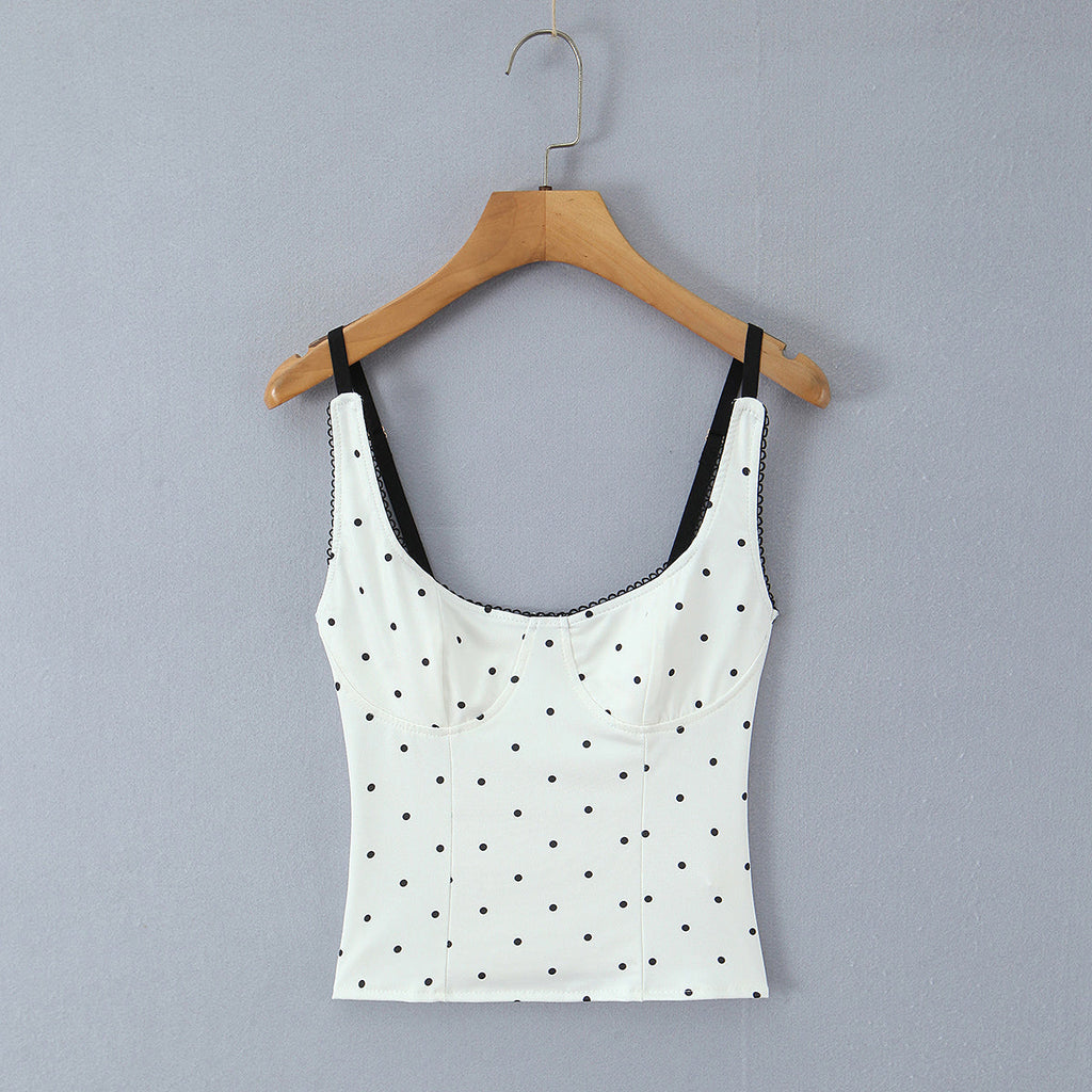 Pure Sexy Lace Stitching Sexy Square Collar Polka Dot Spaghetti Strap Camisole Top