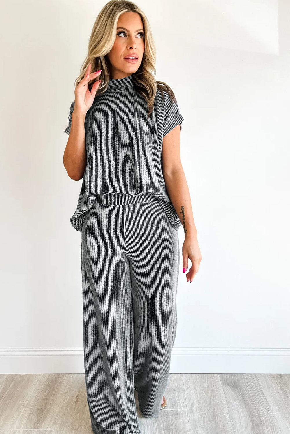 Dark Grey Twisted Ribbed High Neck Tee & Wide Leg Pant Set
