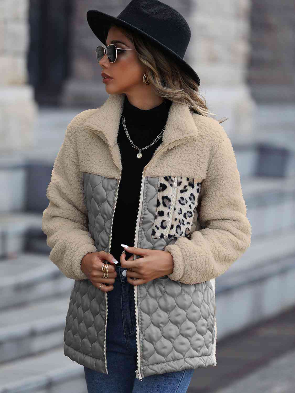 Women's Leopard Color Block Zip-Up Jacket