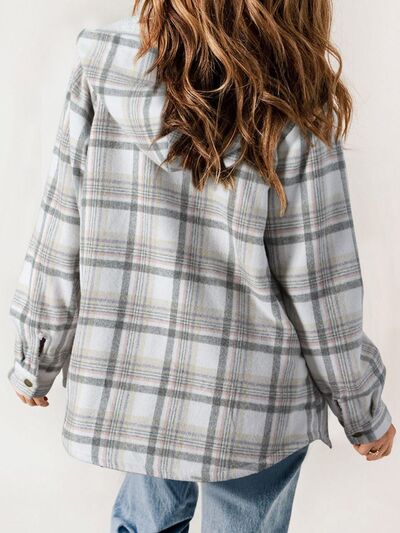 Plush Plaid Snap Down Hooded Jacket Cozy Warm Casual Outerwear
