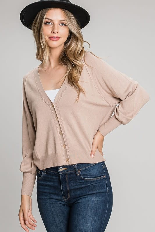 Balloon Sleeve Cardigan in Oatmeal - Relaxed Fit V-Neck Knit
