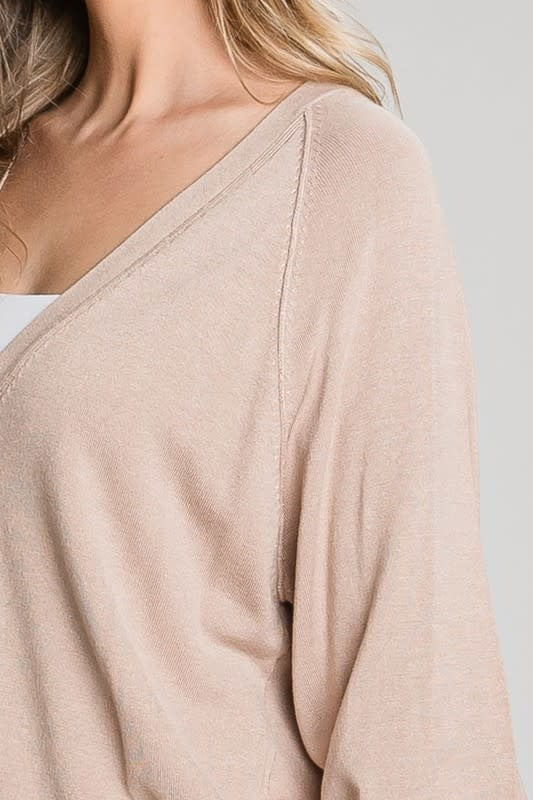 Balloon Sleeve Cardigan in Oatmeal - Relaxed Fit V-Neck Knit