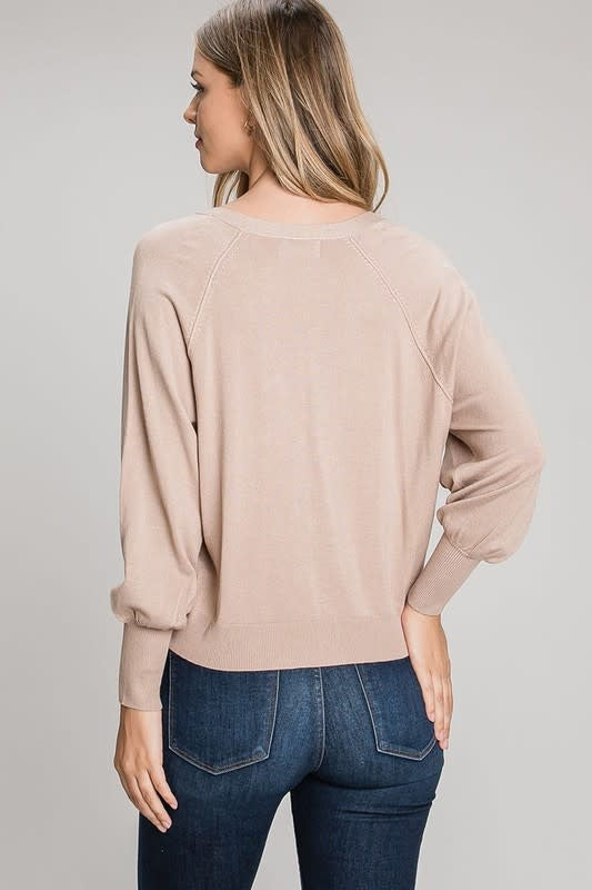 Balloon Sleeve Cardigan in Oatmeal - Relaxed Fit V-Neck Knit