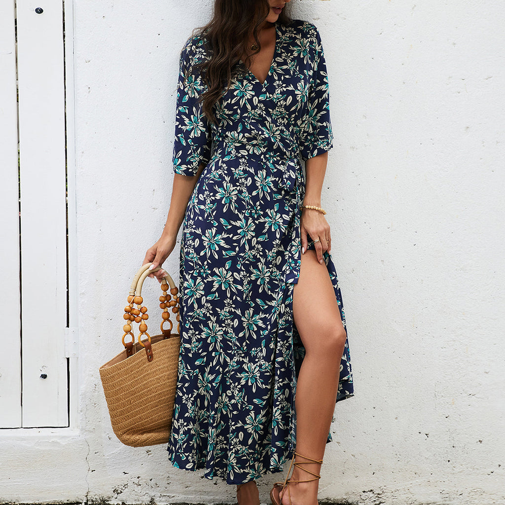 Women Printed One Piece Strapless Bow Long Dress Bohemian Vacation Sleeveless Midriff Baring Fishtail Beach Dress